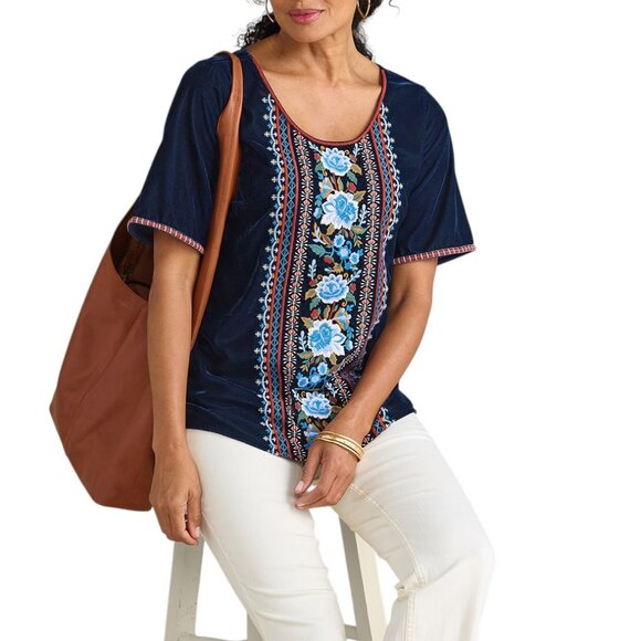 NEW Soft Surroundings Lilian Velvet Top Floral Embroidered Short Sleeve Sz 2X - Picture 1 of 7